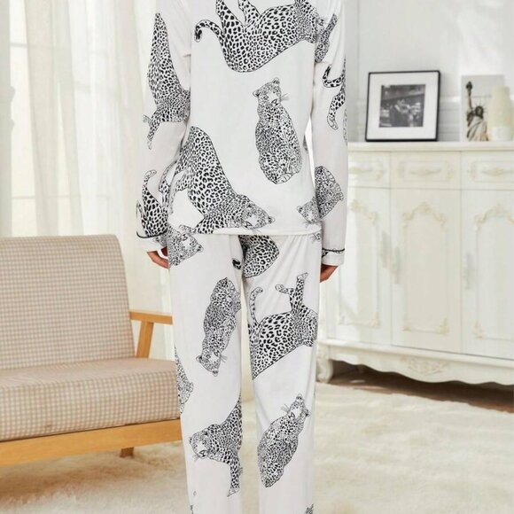 Casual Animal Leopard Print Collared Long Sleeve Top And Loose Pants Comfortable - Picture 4 of 9